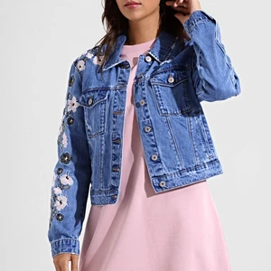 Women's Denim Jacket Floral Embroidery Stonewashed Cotton Casual Fit Spring Wear Women's Denim Jackets & Coats
