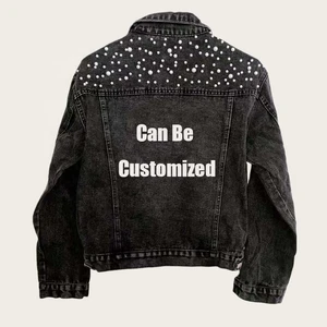 LTH DENIM Personalize Women's High Quality Beaded Jean Coat with Button & Belt Decoration Wedding Pearl Denim Jacket for Bride