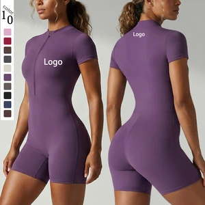 Wholesale Women's Yoga Sports Jumpsuit Quick-Drying Spandex/Nylon Half-Zip Short Sleeve Fitness Overalls Bodycon Jumpsuits