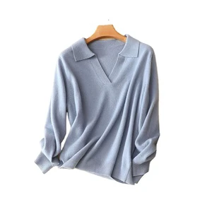 Mongolia Pure Cashmere Knitted POLO V-neck Jumper Women Cashmere Shirt Sweater For Winter