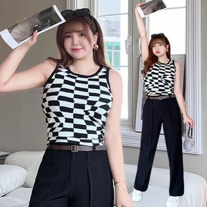 Plus Size Women's Checkered Modal Knit Vest N8174 Black White Patterned Sleeveless Top For Casual Wear