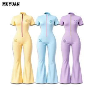 Summer Women Sport Jumpsuit Short Sleeve Zip up Flared Pants Solid Color Spandex Nylon Activewear 1 Piece Custom Logo Wholesale