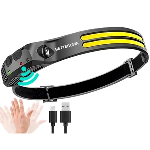 BETTEROWN COB LED Sensor Head Lamp Rechargeable Hard Hat Headband Light IP54 Waterproof 6000K Daylight 4 Hours Runtime Hiking