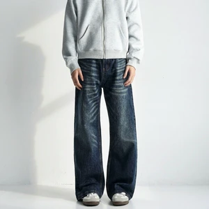 Men's High Quality Authentic American Vintage Hip Hop Knitted Whisker Washed Straight Wide-Leg Loose Mid Waist Autumn Winter