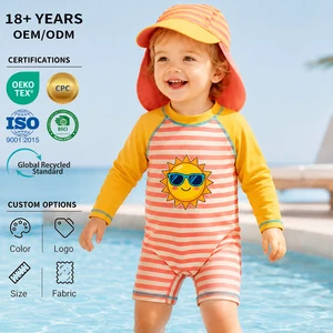 OEM Baby Boys UPF 50+ One-Piece Long Sleeve Swimsuit With Sun Hat Zipper Snap Buttons Polyester Spandex For Beach Pool