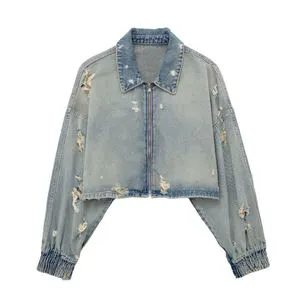 2026 Zipper Fly Jacket New Style Stand Collar Women Denim Jackets Cropped Blue Motorcycle Jacket Back to School