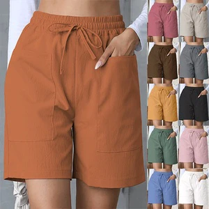 Wholesale Summer Loose Linen Non-Elastic High-Waisted Plus Size Women's Shorts with Drawstring Closure and Pockets Solid Color