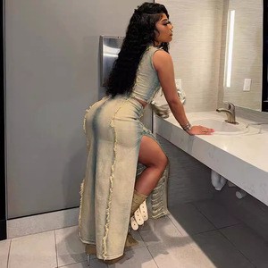 Fashionable Women's Denim Suit From Europe and America Featuring Handmade Vest and Split Denim Skirt
