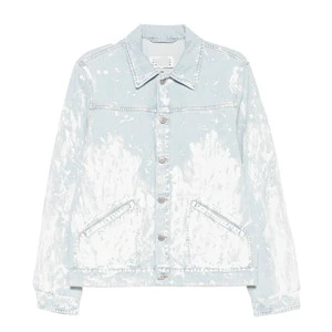 Men's Light Blue Bleached Denim Nylon/Cotton Oversized Casual Streetwear Trucker Coat Paint Splatter Effect OEM/ODM Jacket