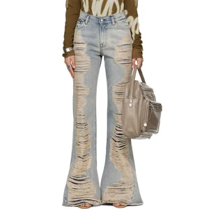 Custom Stylish Flared Denim Jeans Women High Waist Bell Bottom Blue Ripped Distressed Jeans Baggy Denim Bootcut Jeans