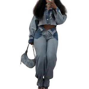 High Quality Women's Casual Solid Pattern Blue Denim Set Long Sleeve Jacket Jeans Pants Short Tops Stand Zipper Breathable