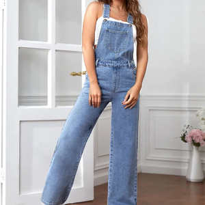 Custom Denim Jumpsuits Manufacture Ladies Denim Jumpsuits Romper Women Denim Medium Blue Casual Overalls Loose Wide Leg Pants