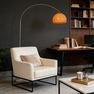 Arc Floor Lamp Orange Glass Shade Stainless Steel Curved Standing Lamp for Living Room Reading Corner Modern Home Decor Lighting