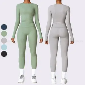 Long Sleeve Running Clothes Tracksuit Gym Fitness Workout Top Yoga High Waist Pants Leggings Two-Piece Set for Women