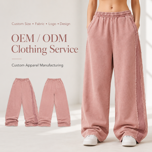 Wholesale Female Dusty Pink Vintage Washed Wide Leg Sweatpants Custom Raw Edge Panel Casual Streetwear Pants