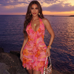Custom OEM Summer Pink Floral Halter Ruffle Bodycon Mini Dress For Women Sexy Beach Vacation Party Club Beachwear