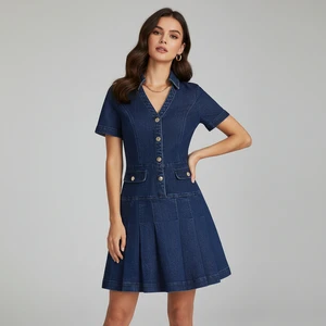Fashion Button Front Pleated A-Line Mini Dress Side Pockets Women's Casual Short Sleeve Denim Shirt Dress With Lapel Collar