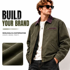 Custom Streetwear Fashion Vintage Washed Plus Size Canvas Jacket Zip Up Heavy Canvas Work Jacket Men