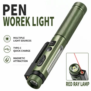 Aluminum Alloy LED Camping Flashlight Green Pen Clip Magnetic Base Rechargeable IP44 Waterproof 50-100m Beam Emergency Use