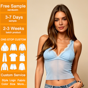 Girls Mesh Cami Tops Wholesale OEM Custom Lace Trim Sheer V Neck Spaghetti Strap Casual Crop Tank Tops