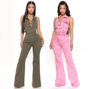 Women's Summer Casual Denim Waist Solid Logo Button Overalls Jumpsuits Breathable Waterproof High Elastic Backless Lapel Washed
