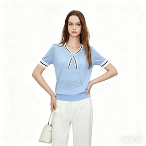 Women's Solid Preppy Style Summer Breathable Short Sleeve Casual Knit Top with Ribbed Hem and Sailor Collar