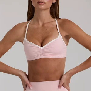 Customer Logo Women Active Wear Gym Fitness V-neck Slender Halter Straps Yoga Bra Contrast Binding Low Impact Brushed Sports Top