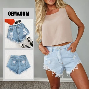 HanyYue High Quality Women's Summer Light Blue Washed Denim Jeans Short Distressed Women's Summer Shorts