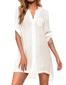 Custom Kaftan Women Sun Protection Beach Dress Transparent Bathing Suit Covering White Beach Cover-ups for Women Casual Shirts