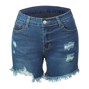 Women's Breathable Cotton Denim Shorts Ripped Pockets Casual Drawstring Closure for Wash Summer Trendy Streetwear