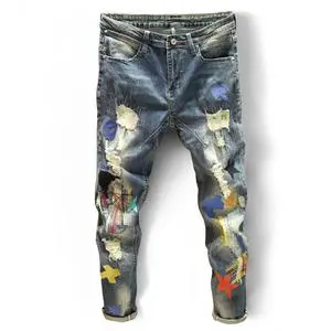 Hip Hop Style Mid Waist Ripped Stretchy Men's Plus Size Pencil Jeans Pants High Street Trousers