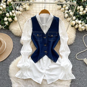 Women's Denim Vest Set: Puff Sleeve Blouse with Fitted Waist, Two-Piece Casual Shirt Outfit for Spring Fashion in White & Black