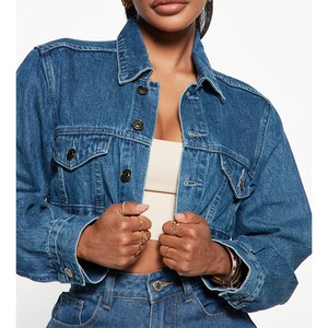 Women Cropped Denim Jacket Blue Vintage Wash Streetwear Wholesale Boxy Outerwear Jeans Coat Custom Fashion Retro Relaxed