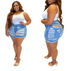 2022 New Arrivals Plus Size Women's Clothing Fashion Solid Color Denim Sexy Ripped Elastic Plus Size Denim Shorts