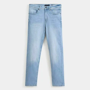 Light Blue Denim Jeans Men's Slim Tapered Fit Pants Faded Wash Comfortable Casual Trousers Modern Style Fashionable