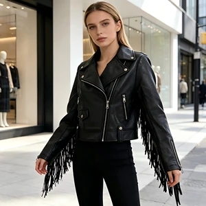 New Women's Tassel Leather Jacket Fashionable Short Windproof PU Leather Jacket Customized Wholesale Leather Jacket