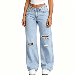 Wholesale New Ripped Light Blue Denim Jeans Women Vintage High Waist Wide Leg Loose Solid Casual Summer Pants OEM Custom