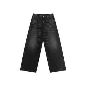 Men'S High Quality Denim Pants Black Straight Baggy Jeans Enzyme Wash Hip Hop Style Casual Loose Fit Polyester Cotton Jeans