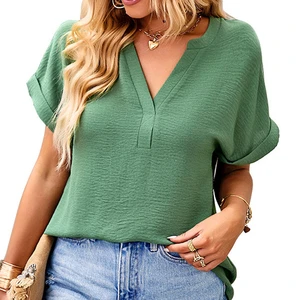 Custom Logo Women Summer Cotton Top Elegant Casual Blouses V-Neck Short Sleeve Fashion Crepe Shirts