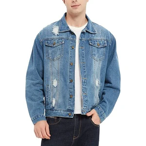 Men's Denim Trucker Jacket Distressed Ripped Motorcycle Slim Fit Blue Jean Jackets Coat