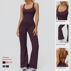 New Seamless Sweat-Wicking Spandex/Polyester Yoga Suit Cross-back Micro-wide Leg Jumpsuit Running Sports