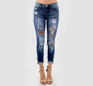 High Quality Ladies Elastic Leopard Patches Stretch Ripped Skinny Fit Jeans Middle Waist Denim Pencil Streetwear Plus Size