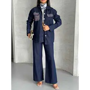 Women's Mybeefashion Navy Blue 1802 Pocket Stone Detail Denim Suit Comfortable and Stylish Set