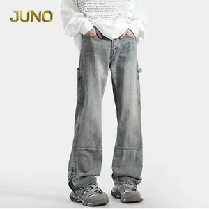 Custom Men's Vintage Jeans Regular Fit Wide Leg Cargo Denim Pants with Side Pockets Streetwear Zip Hem Casual Workwear Trousers