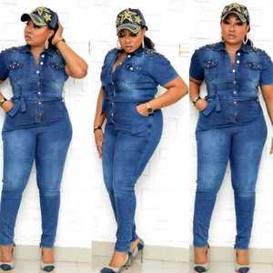 Hot Selling Women's Fashionable Sexy Casual Tight-fitting Button Decoration Plus Size Short Sleeved Denim Jumpsuit