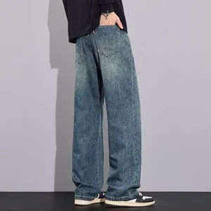 Men's High Quality Jeans Loose Straight-Cut Long Pants Fashionable Versatile Distressed Washed Techniques