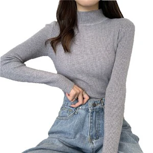 Lady Fashion Solid Color Pullovers Long Sleeve Stretch Tops Halter Collar Soft Thin Jumper for Spring Season Flat Knitted Print