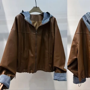 Wholesale Full-Zip Casual Denim Pu Leather Material Hood Women Jacket