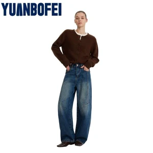 YUANBOFEI Women's Casual Denim Jeans High Quality Breathable High Waist Wide Leg Blue Washed 280g Comfortable Custom-Made Option
