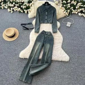 Two-Piece Denim Suit Women'S Short Long Sleeve + High Waisted Straight Trousers -Piece Set
